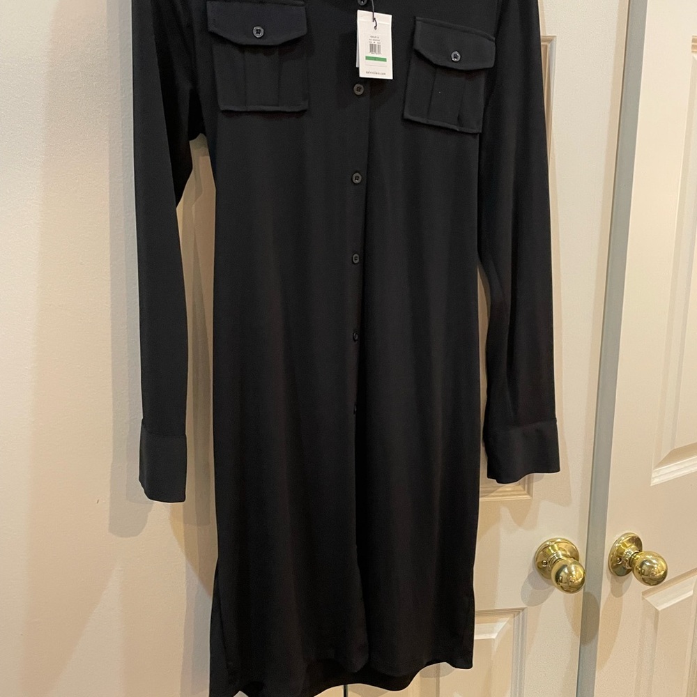 Calvin Klein  Black Button-Up Shirt Dress Polyester/Spandex . Comfy !